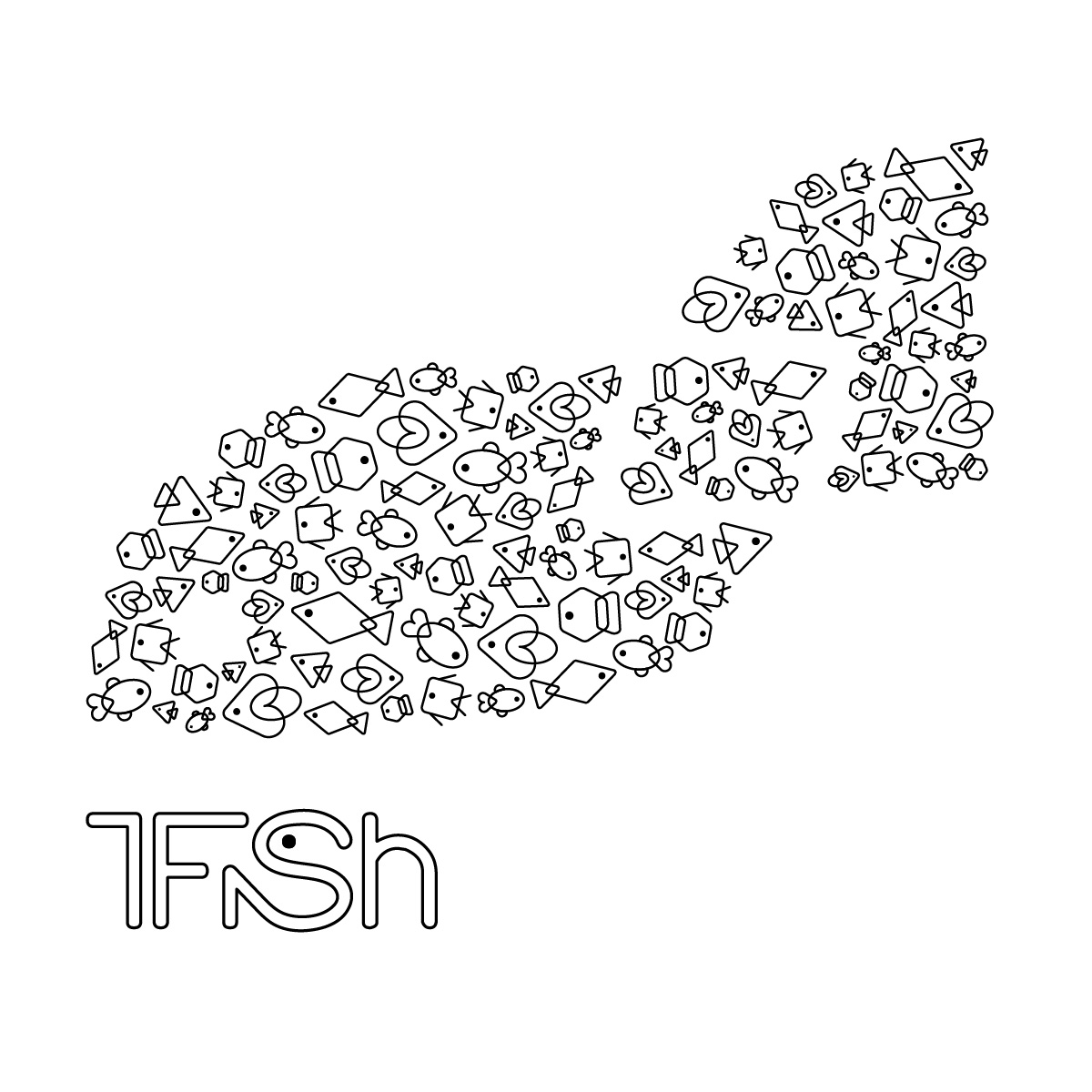 Small multiples variation, including six geometric fish figures filing up the original fish icon, all in black.