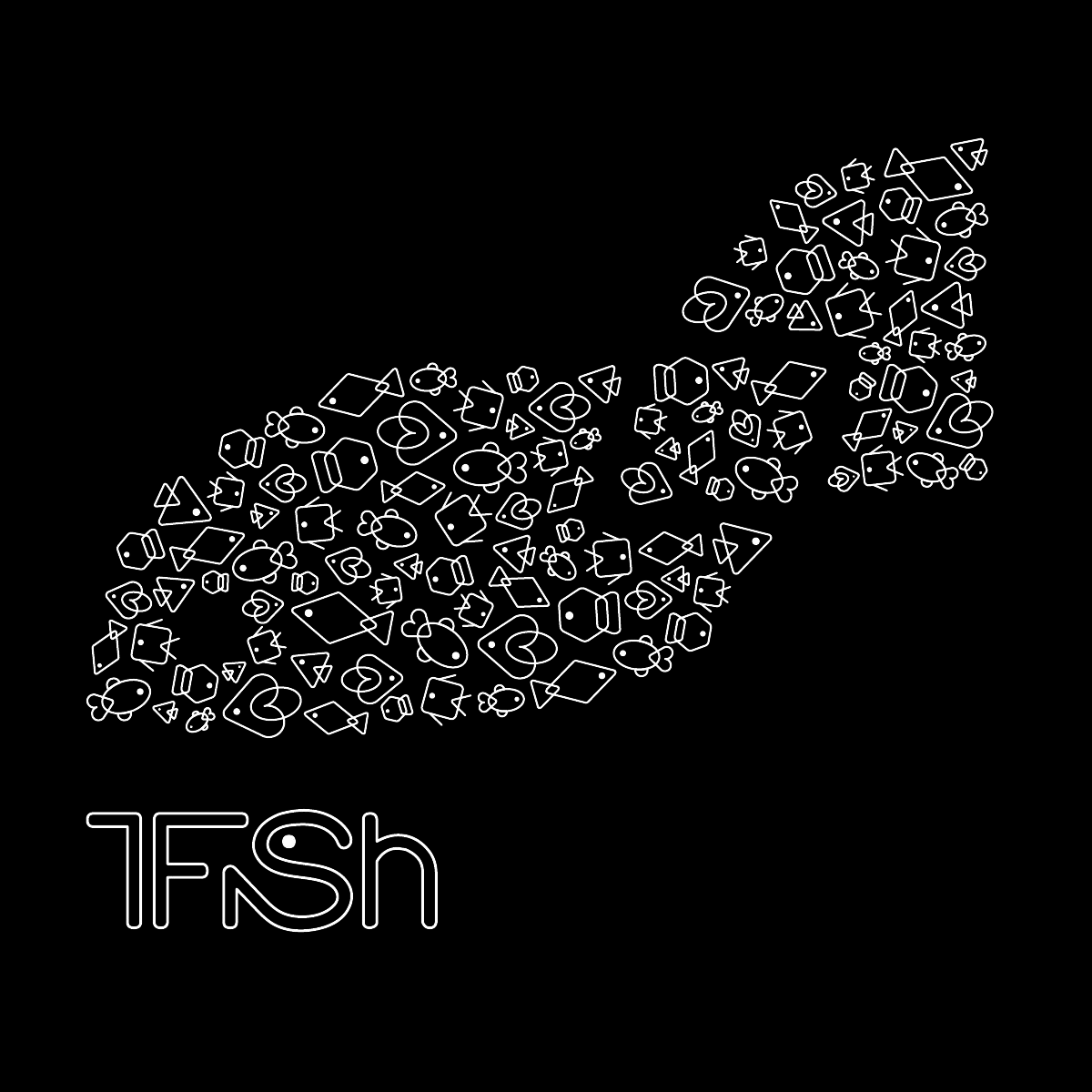 Small multiples variation, including six geometric fish figures filing up the original fish icon, all in white against a black background.