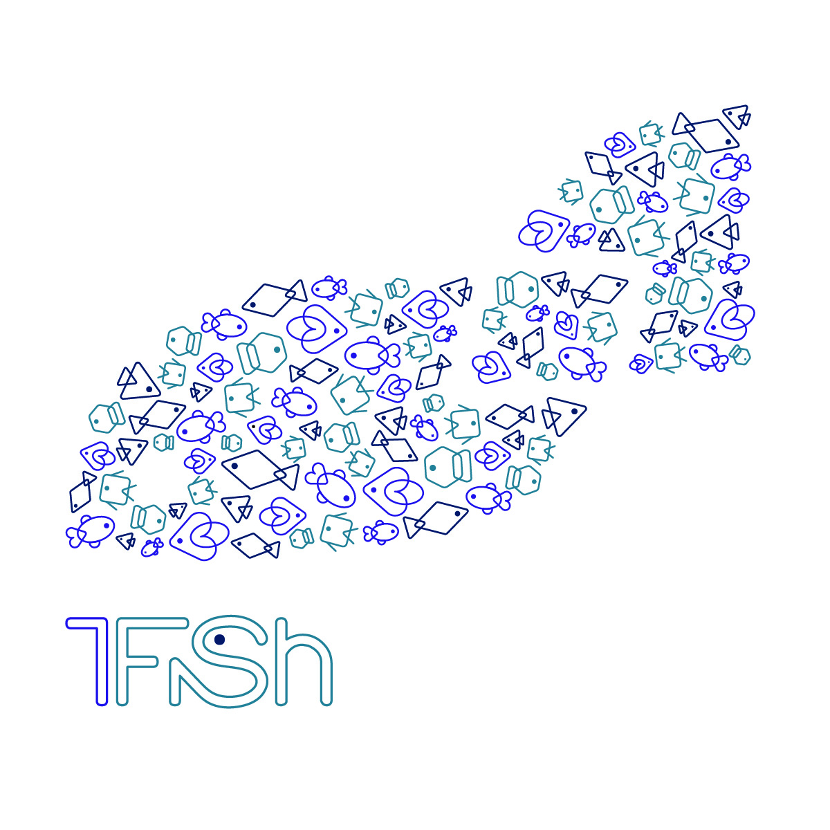 Small multiples variation, including six geometric fish figures filing up the original fish icon, in an analogous color scheme of purples and blues.