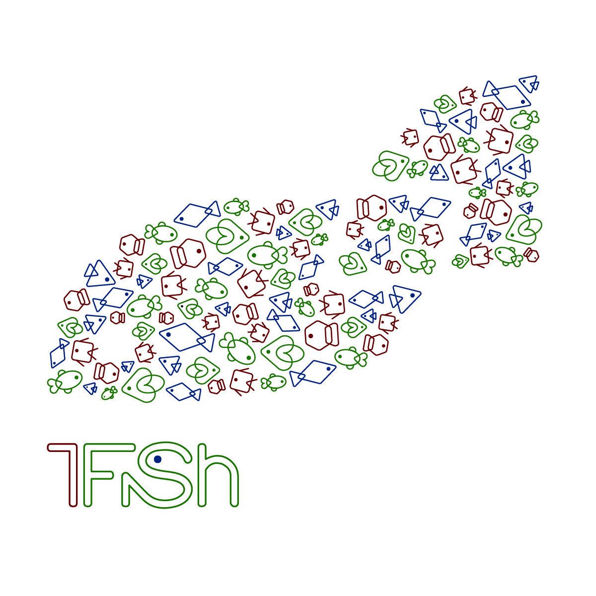Small multiples variation, including six geometric fish figures filing up the original fish icon, in a triatic color scheme of red, blue, and green