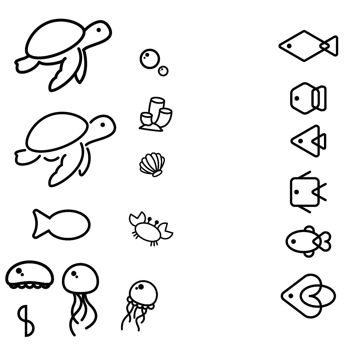 Original concepts for 1Fish, including various elements such as turtles and jellyfish, as well as the geometric fish icons.
