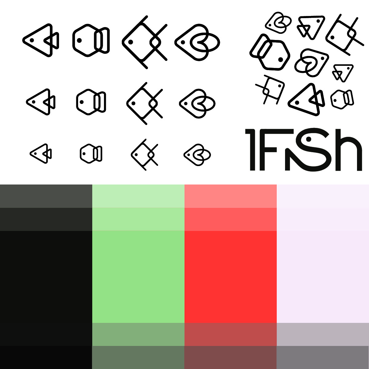 Refined branding assets, including an updated color palette with a black, green, orange, and white, updated geometric fish, and pattern, and a refined text logo.